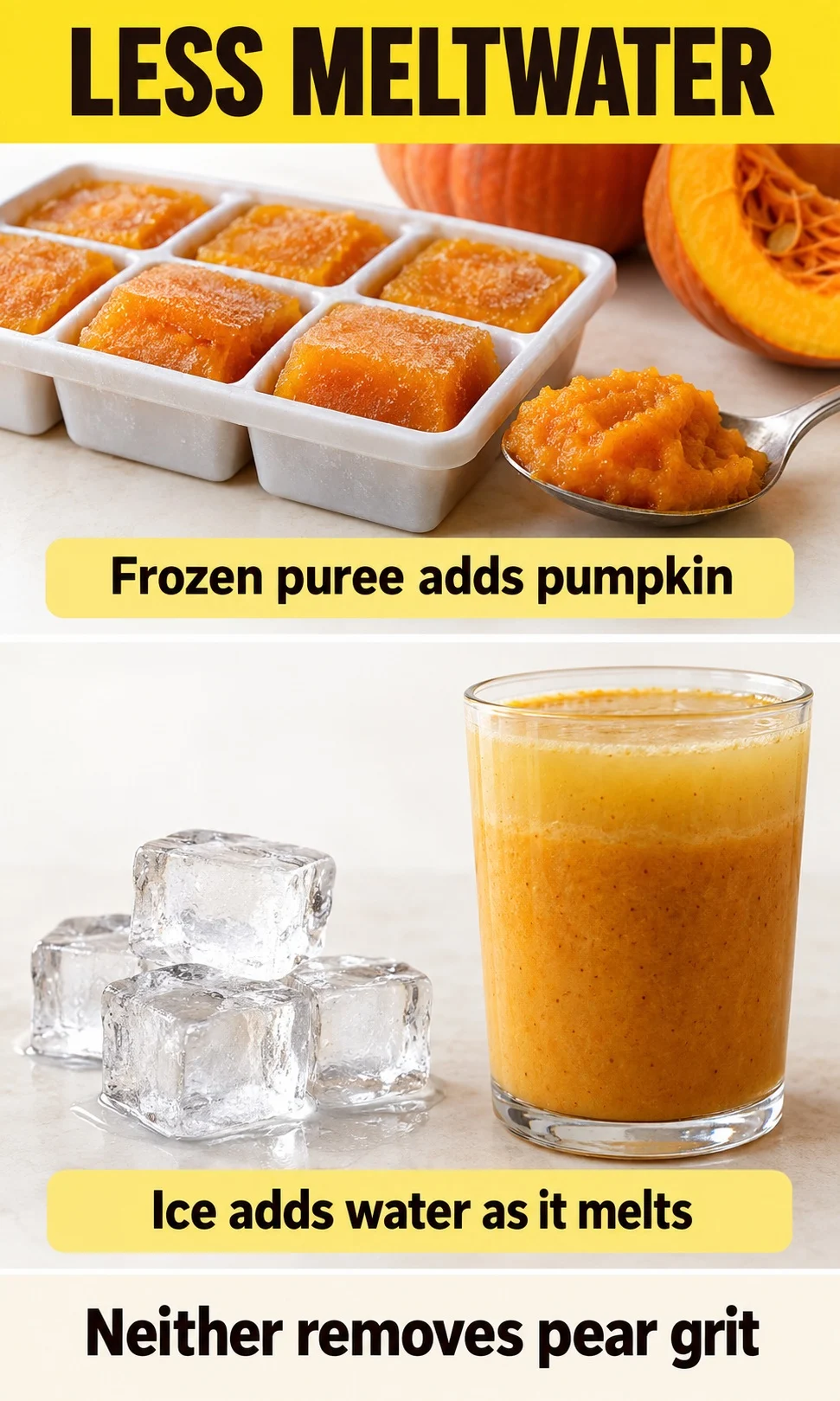 Frozen pumpkin puree cubes compared with ice that dilutes a smoothie as it melts.