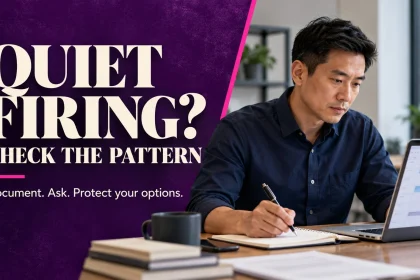 Professional reviewing calendar changes and factual notes beside the headline Quiet Firing? Check the Pattern.
