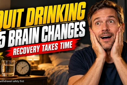 An expressive man beside a clock and water with a headline introducing five brain changes after stopping alcohol.