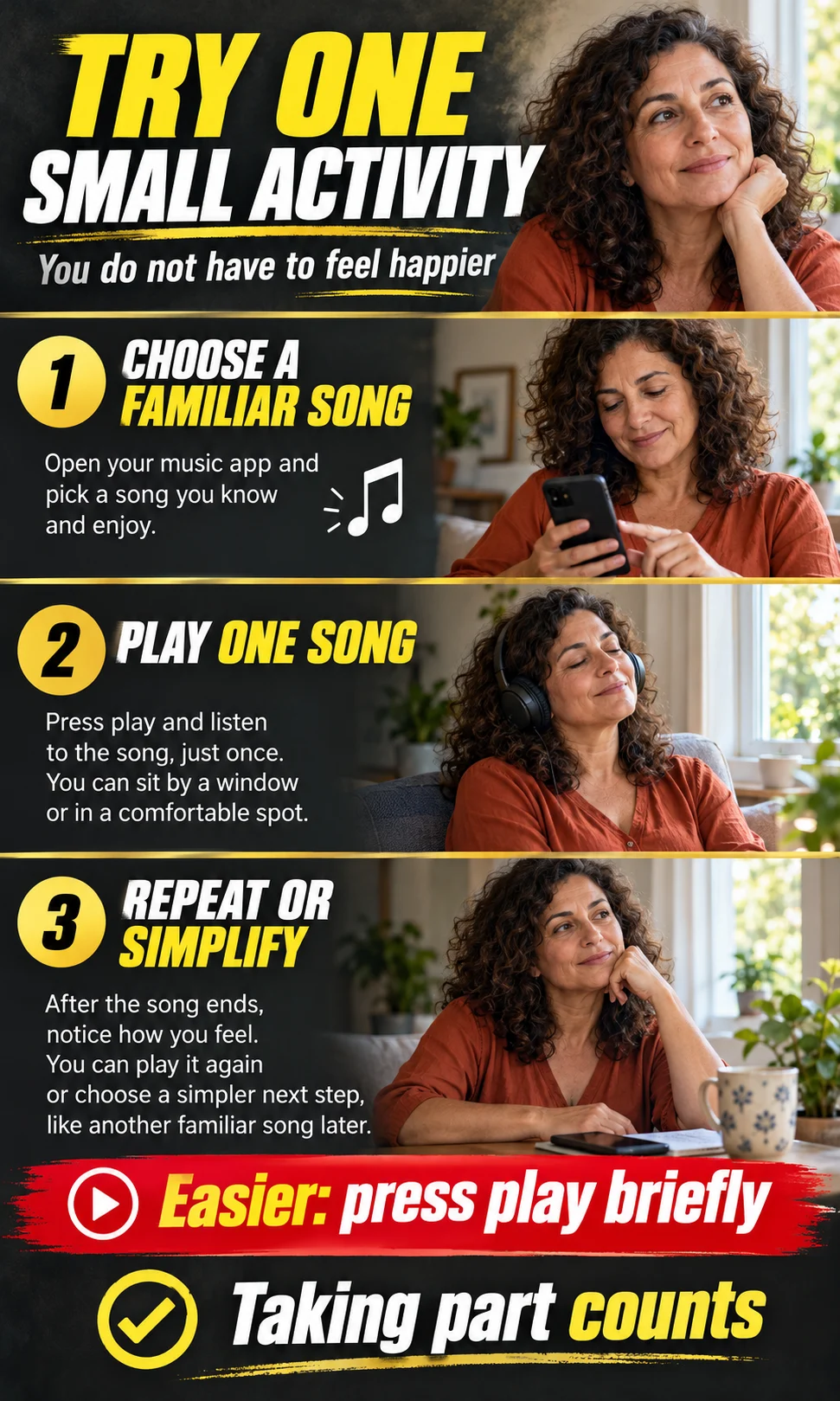 A curly-haired woman chooses music, plays one song and decides whether to repeat or simplify the activity.