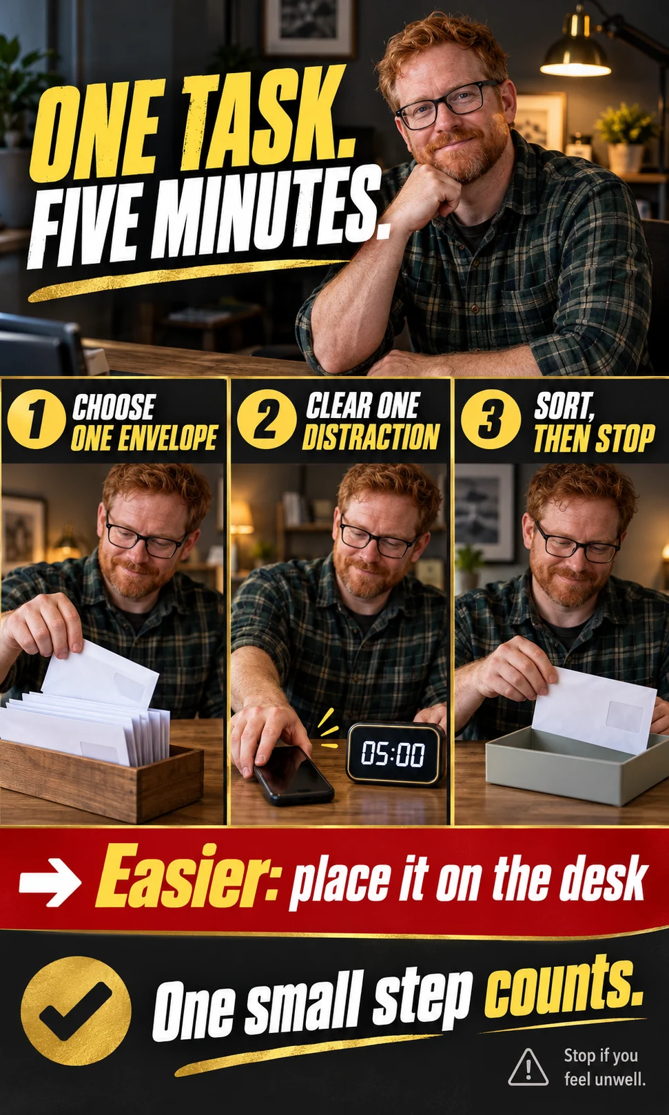 A red-haired man puts his phone aside, sets a five-minute timer and sorts one envelope at a desk.