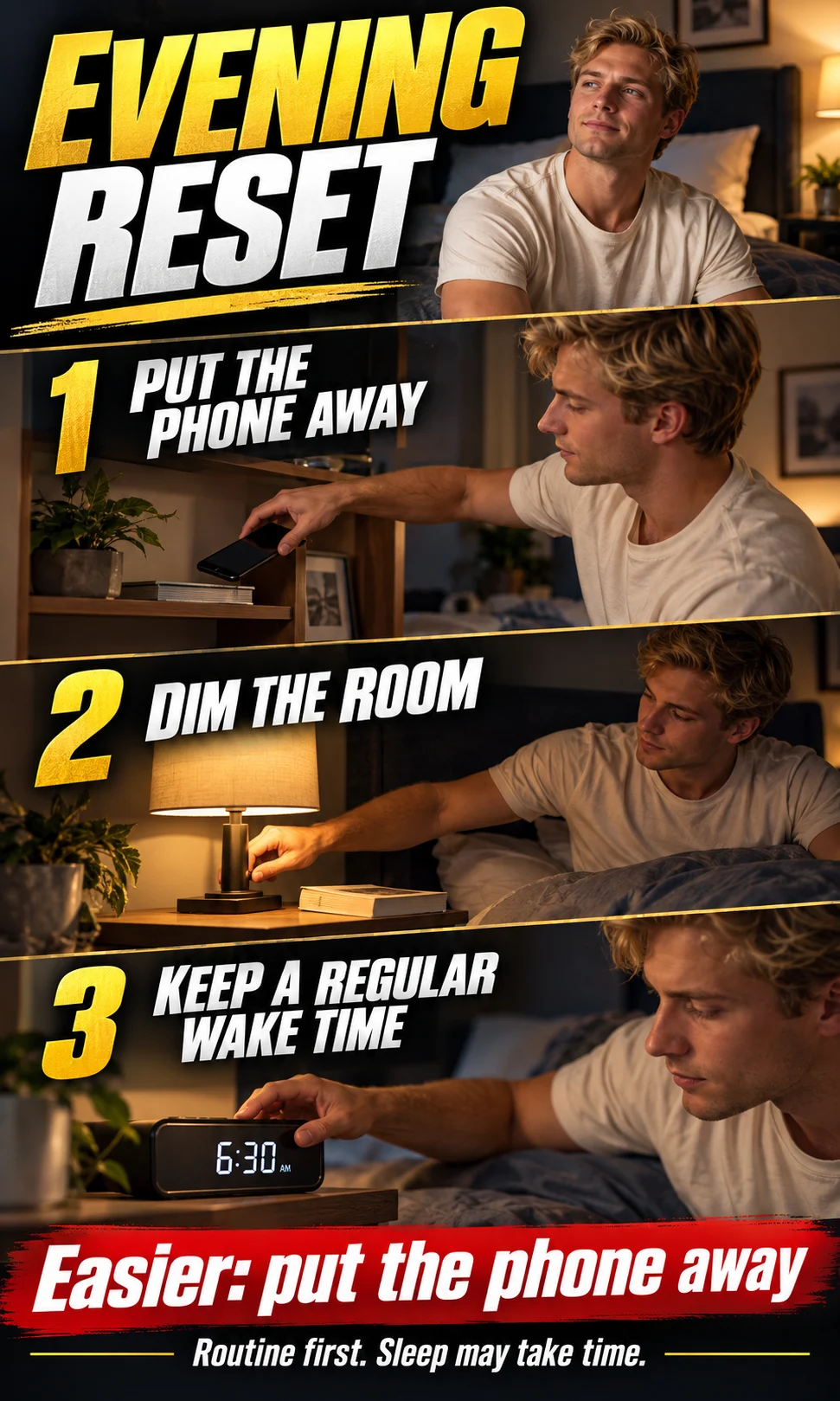 A blond man puts his phone away, dims a lamp and chooses a regular wake-up time.