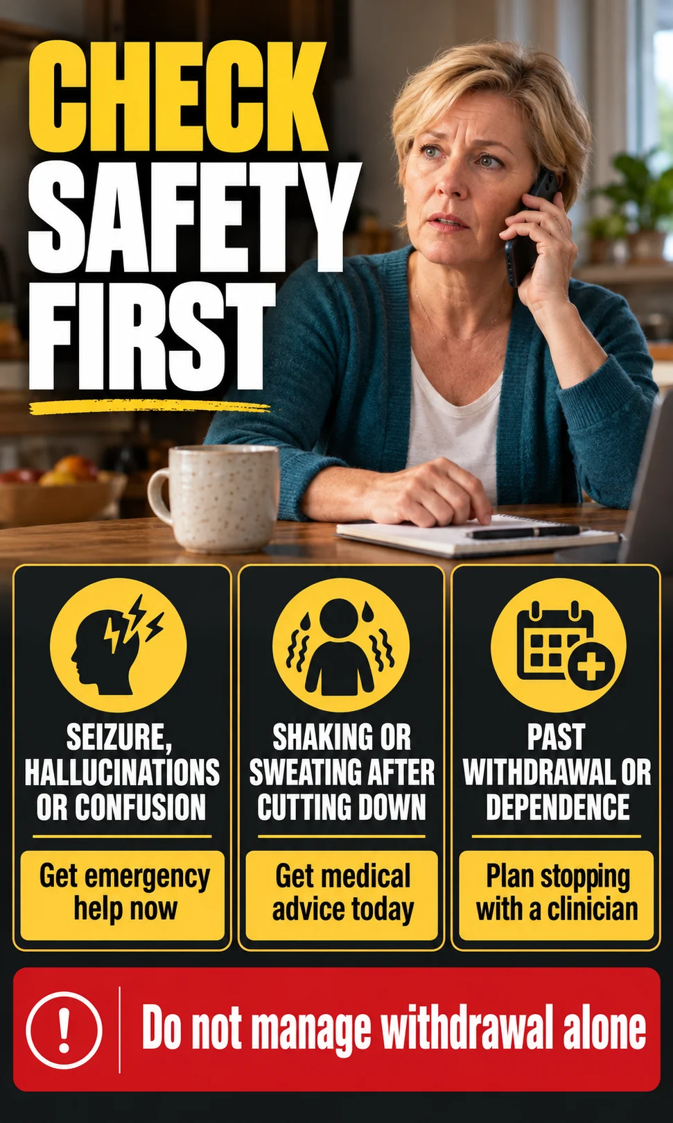 A woman phones for help beside three withdrawal safety routes for emergency symptoms, current symptoms and previous dependence.