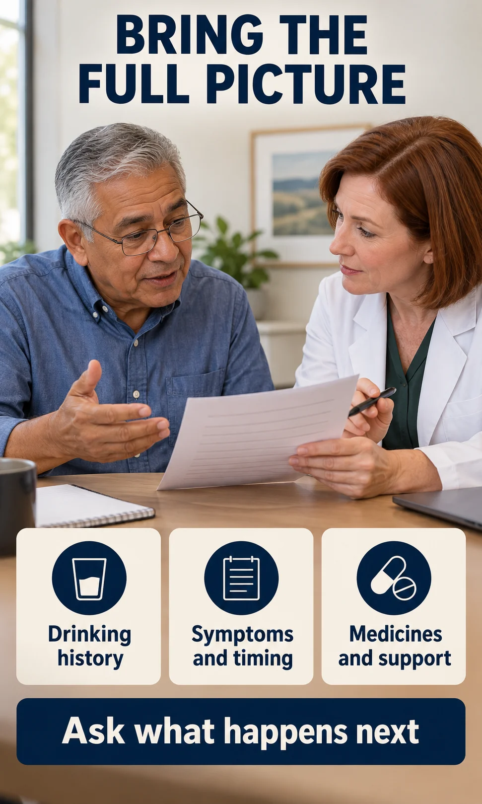 An older man discusses his symptom record with a clinician, with prompts about drinking history, symptoms and support.