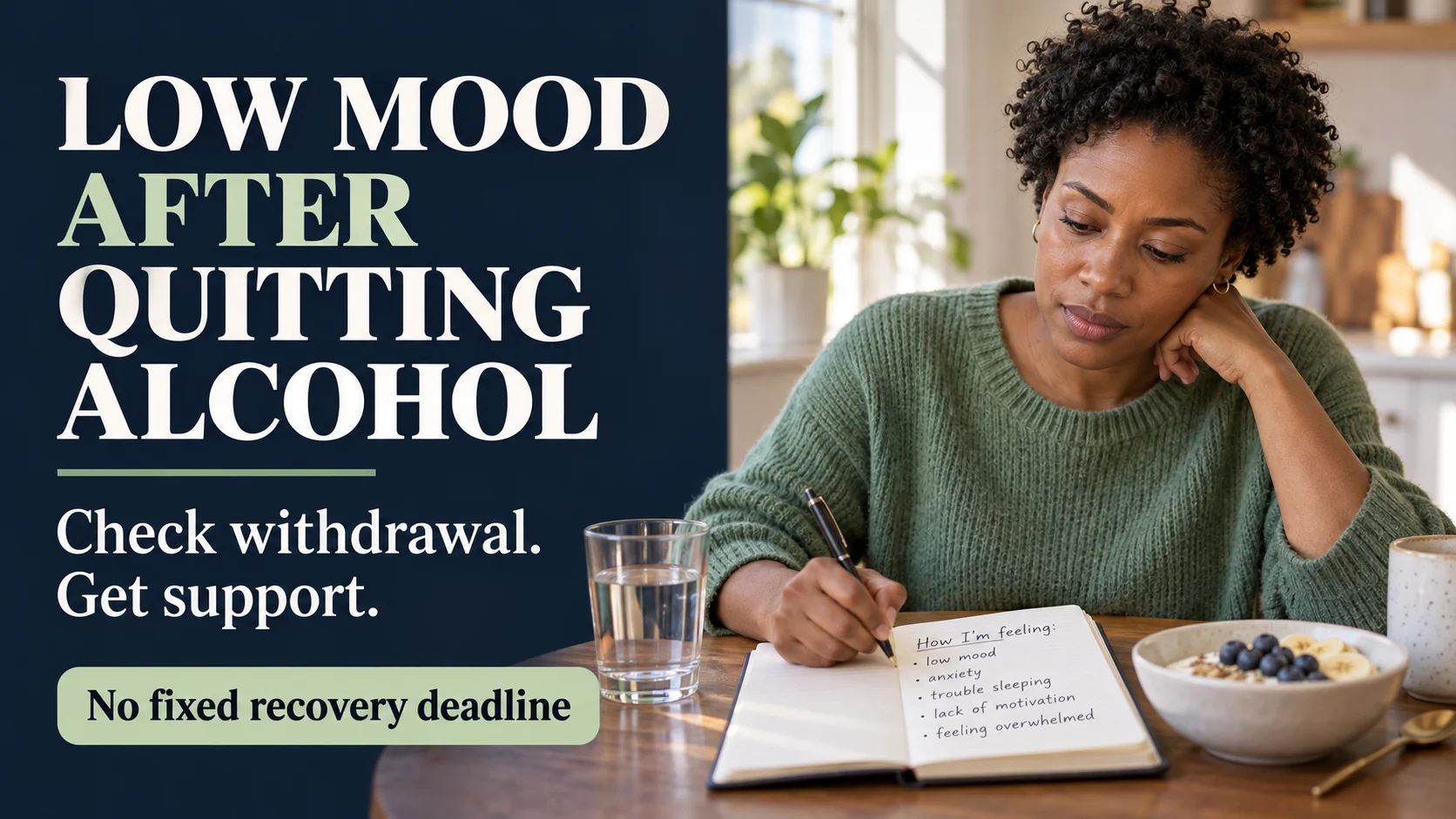 A woman records low mood, anxiety and sleep changes at a breakfast table beside a withdrawal and support reminder.
