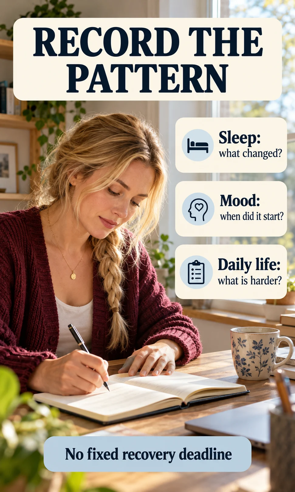 A woman records sleep, mood and daily functioning in a notebook rather than counting down to a recovery deadline.