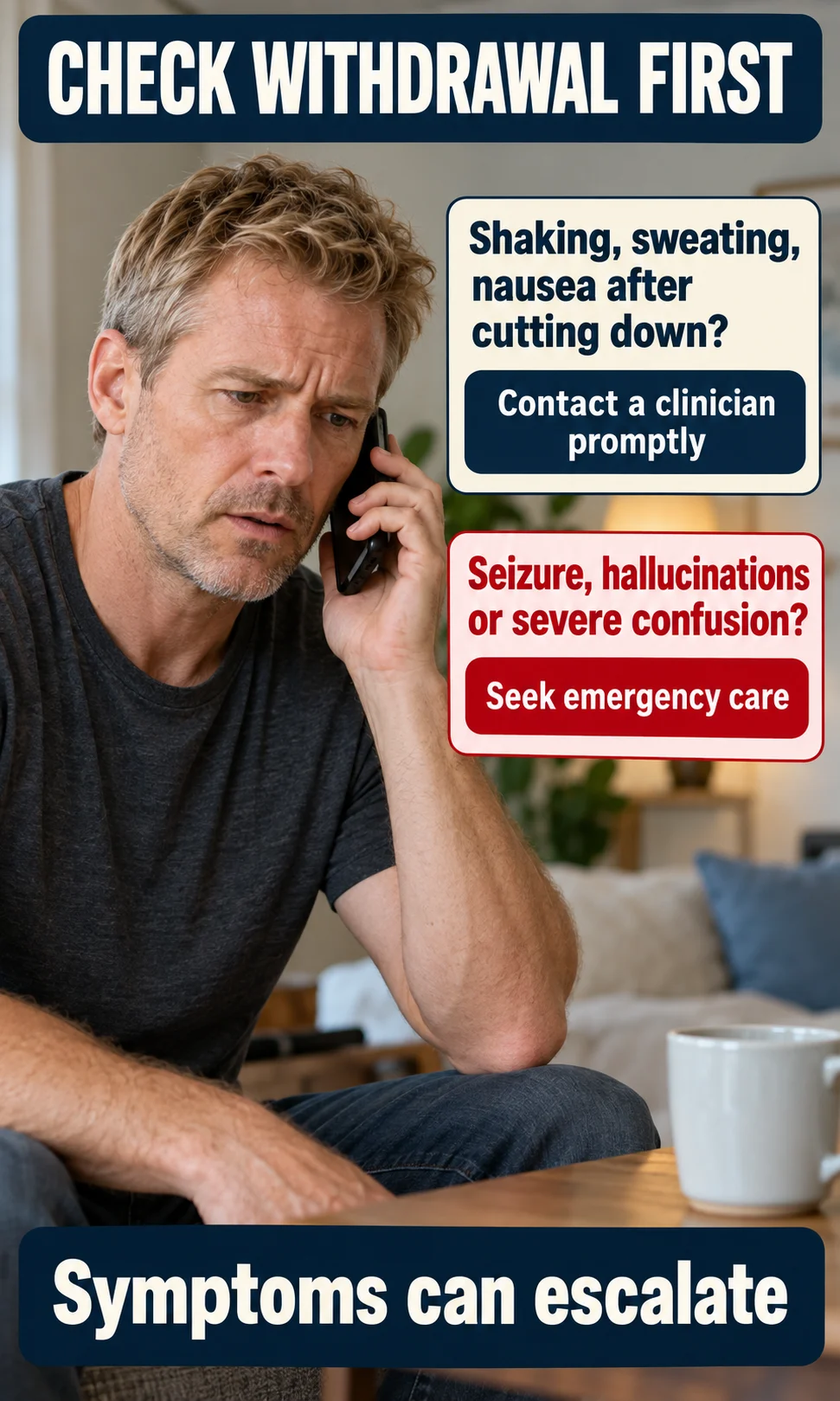 A man calls a clinician beside guidance distinguishing possible withdrawal symptoms from emergency warning signs.