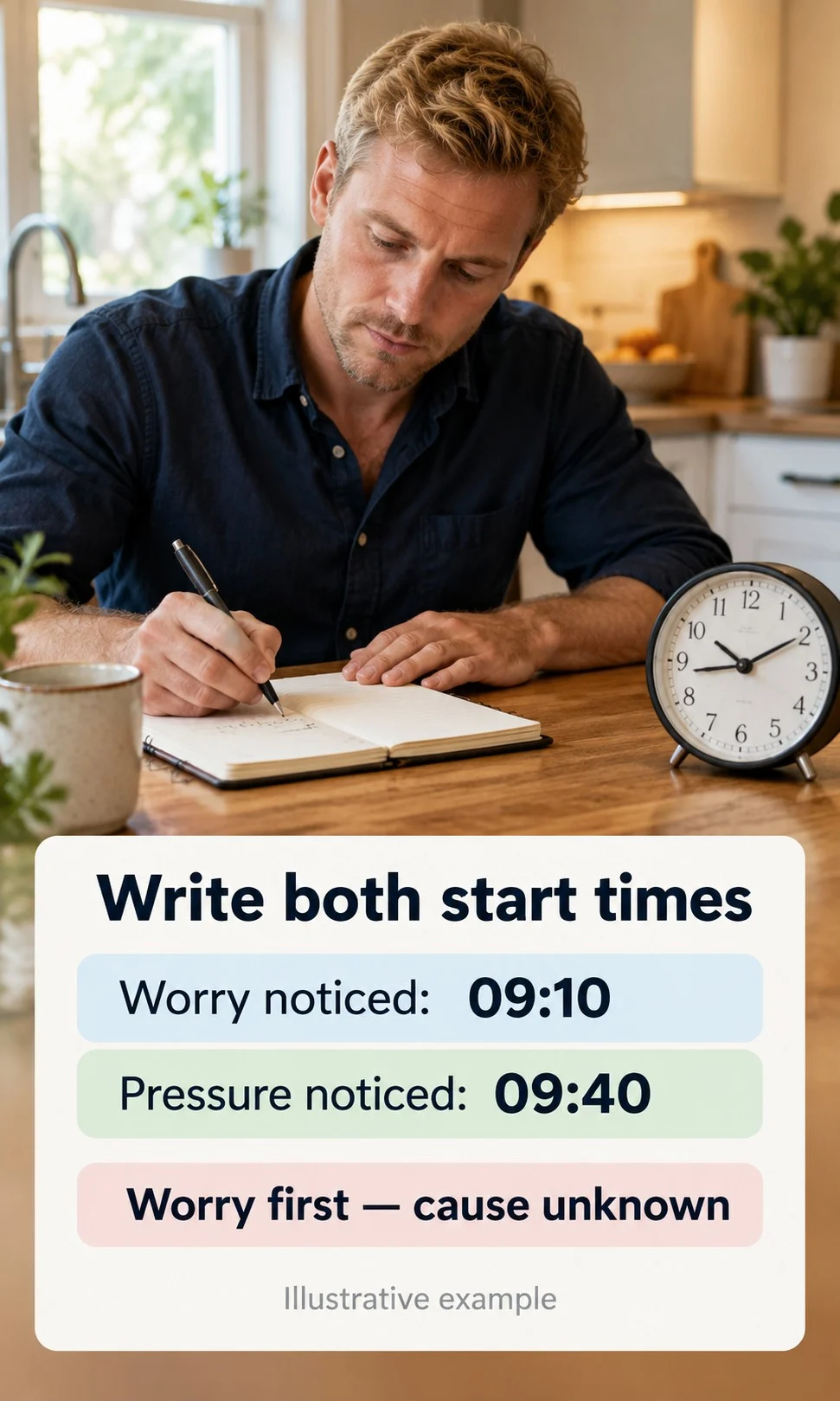 Blond adult writing separate worry and pressure start times in an illustrative observation