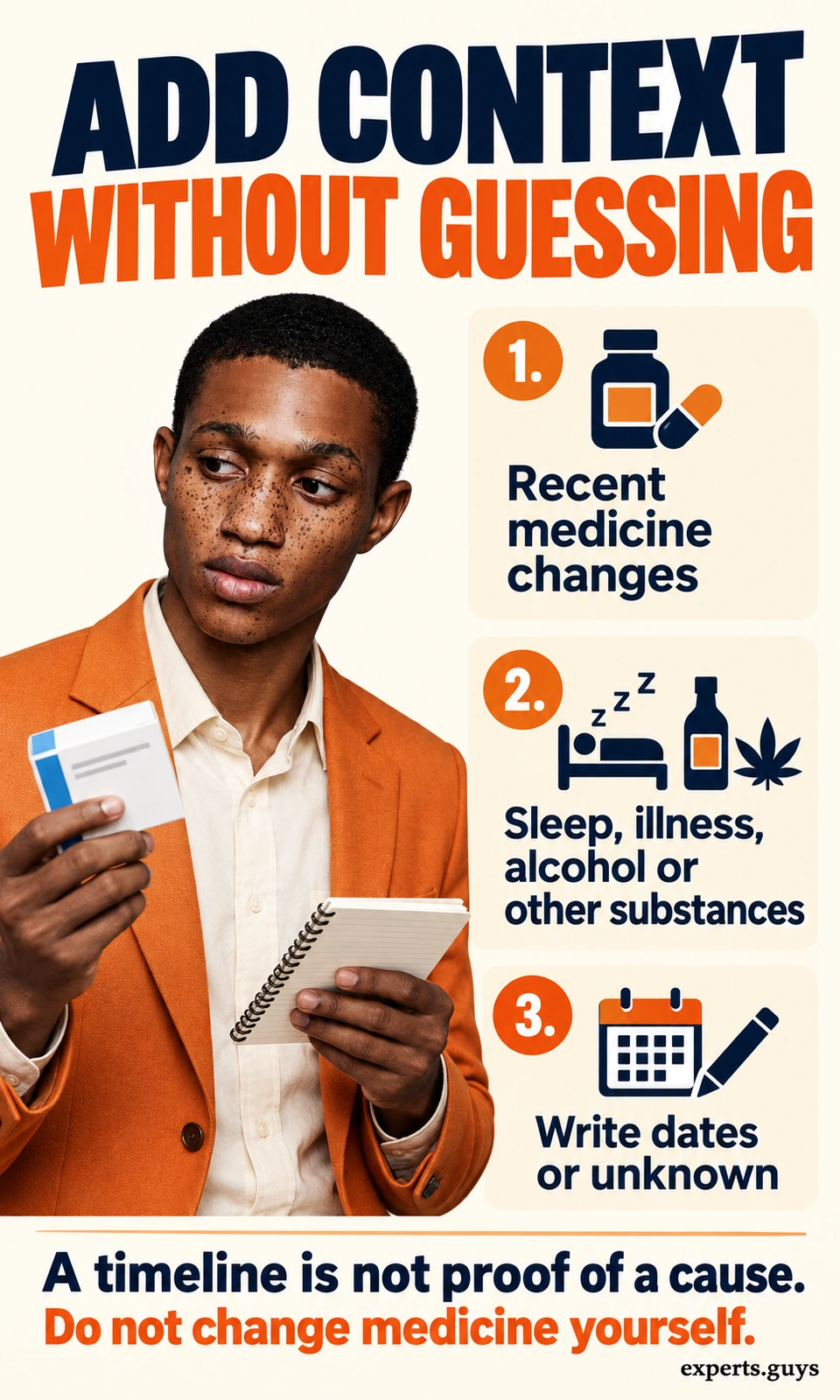 An orange-jacketed man gathers notes about medicines, sleep, illness and substance use.