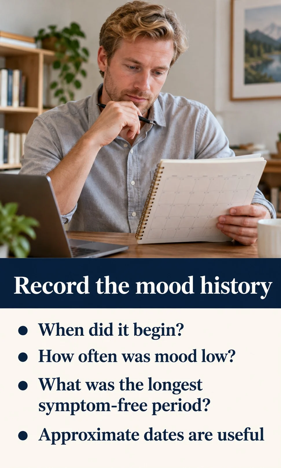A man reviews a notebook to record onset, mood frequency, and symptom-free periods.