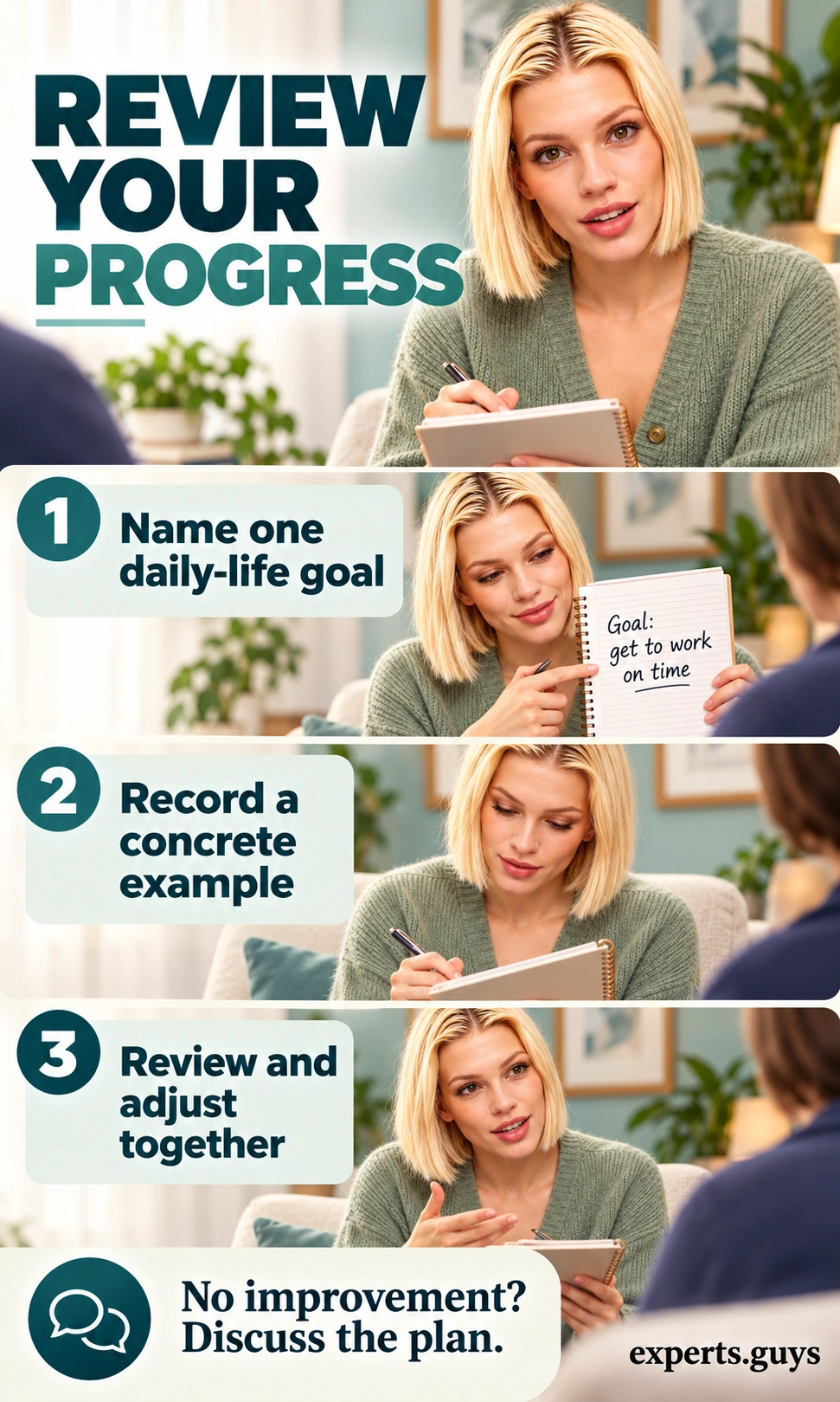 Woman identifies a daily-life goal, records an example, and discusses a plan adjustment with her counselor.