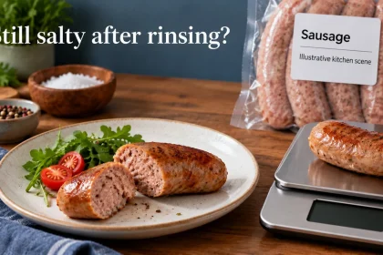 Cut cooked sausage beside a kitchen scale and an illustrative sausage package.