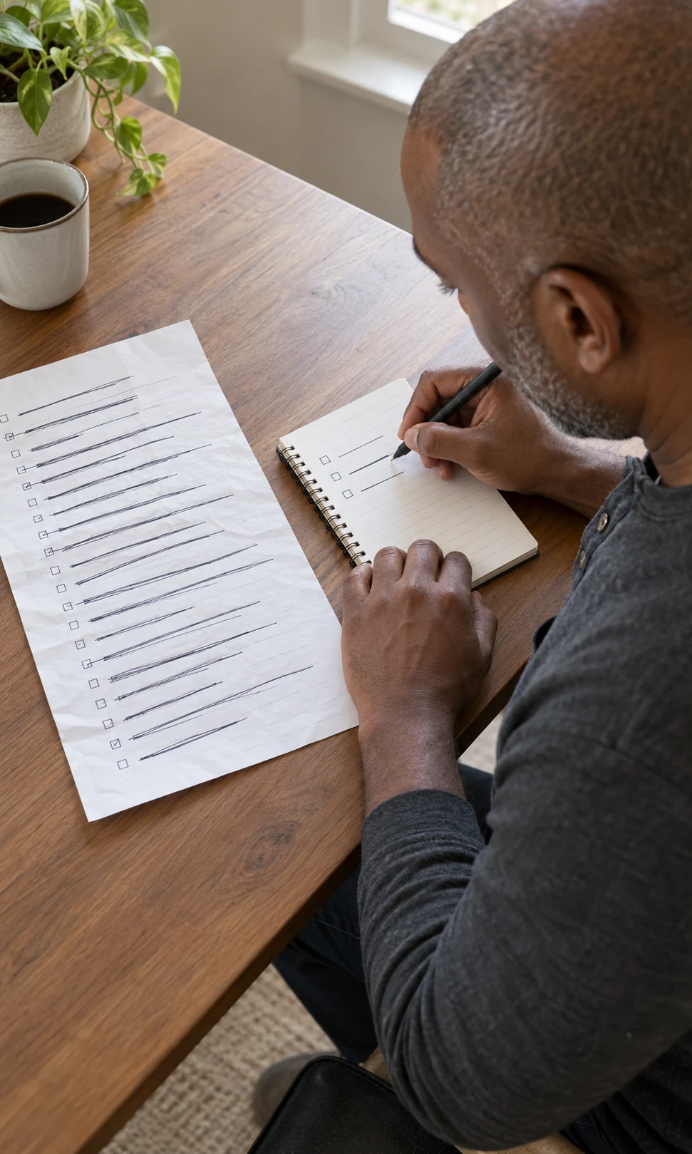 A man simplifying a long handwritten checklist into a brief notebook entry