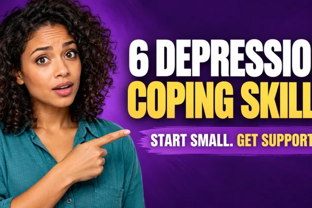 An original woman with a concerned, attentive expression points beside the English headline 6 Depression Coping Skills and Start Small, Get Support.
