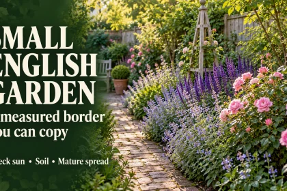 Pink roses, purple salvia and blue catmint beside a brick path in a small English garden.