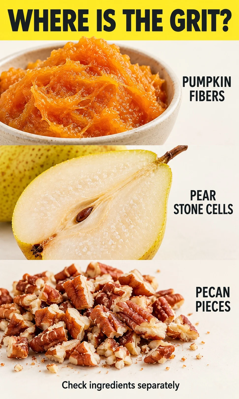 Pumpkin fibers, pear flesh and pecan pieces shown as three possible sources of smoothie grit.