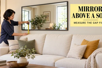Woman measuring the gap between a framed mirror and the highest sofa back cushion