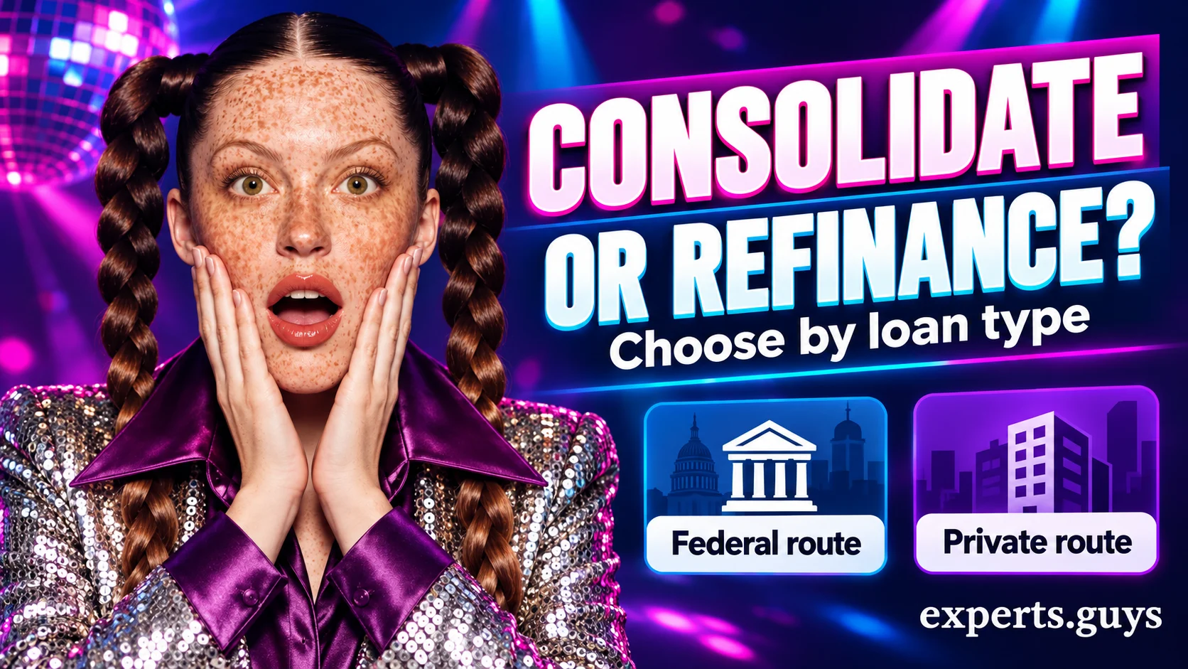 A surprised borrower in silver and purple compares federal consolidation with private refinancing.