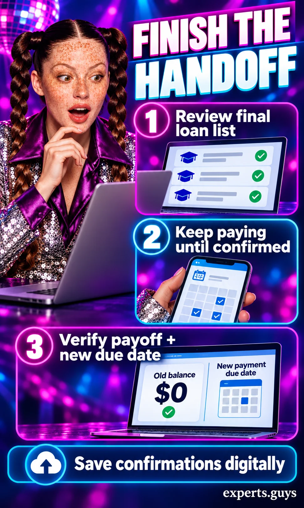A borrower reviews the final loan list, continues required payments, and checks payoff confirmation.