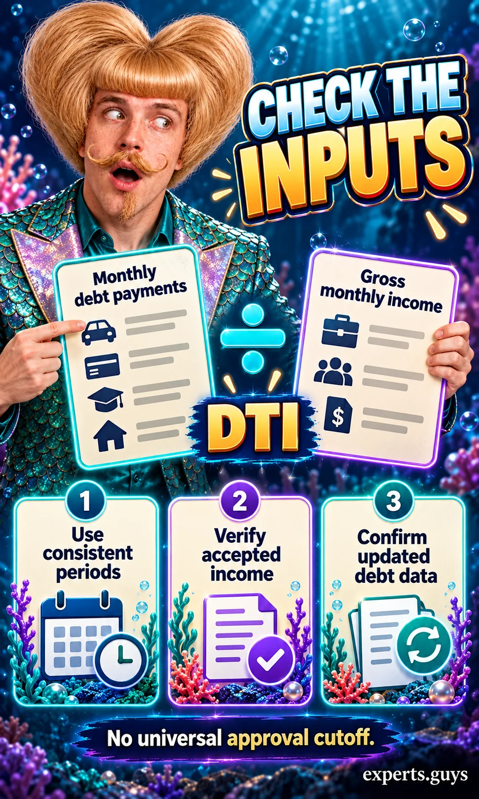 A man compares monthly debt payments with gross monthly income and checks periods, accepted income, and updated debt information.