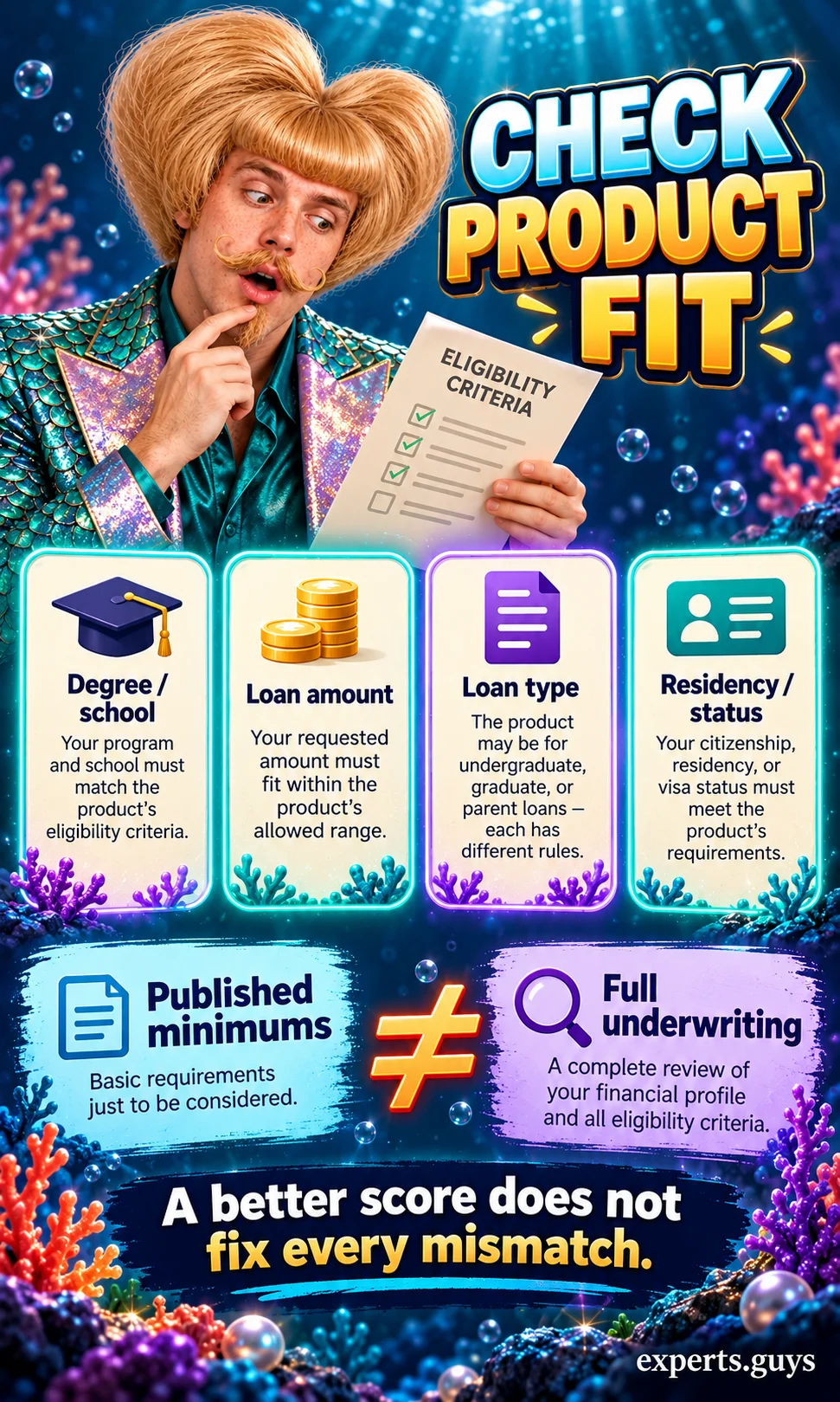 A man reviews degree, loan amount, loan type, and residency criteria, separating published minimums from full underwriting.