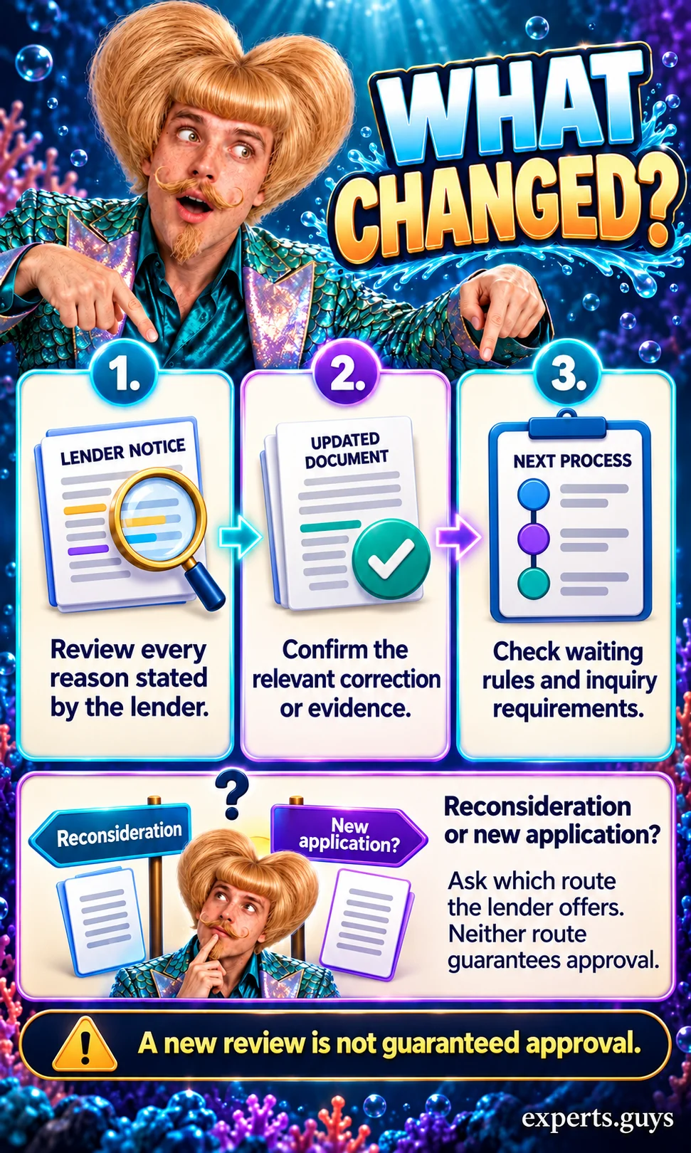 A man checks that every reason was reviewed, a relevant change was confirmed, and the lender’s next process is understood.