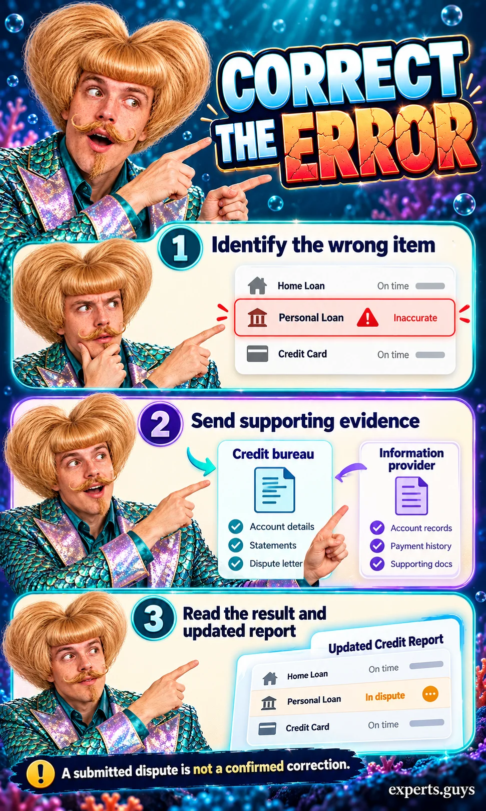 Three stages show identifying a wrong item, sending evidence to the bureau and information provider, and checking the investigation result.