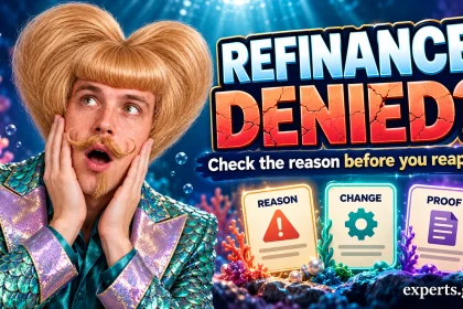 A surprised man in a teal jacket considers the reason, change and proof behind a student loan refinance denial.