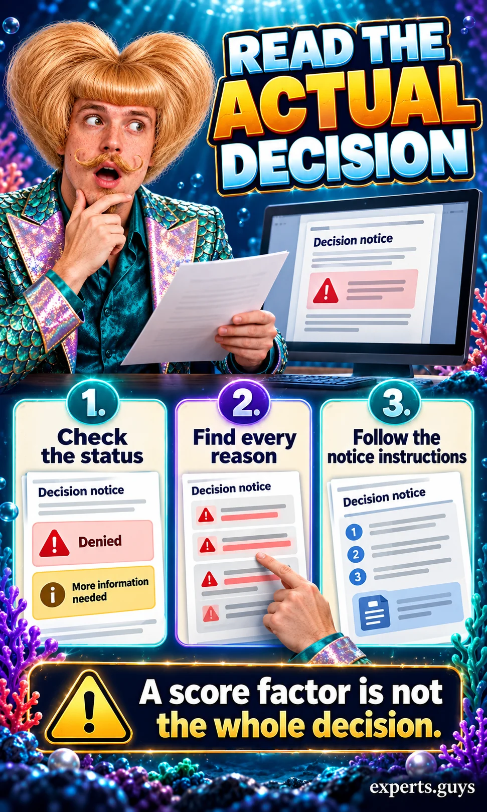 A man reviews a decision notice beside checks for application status, stated reasons, and notice instructions.