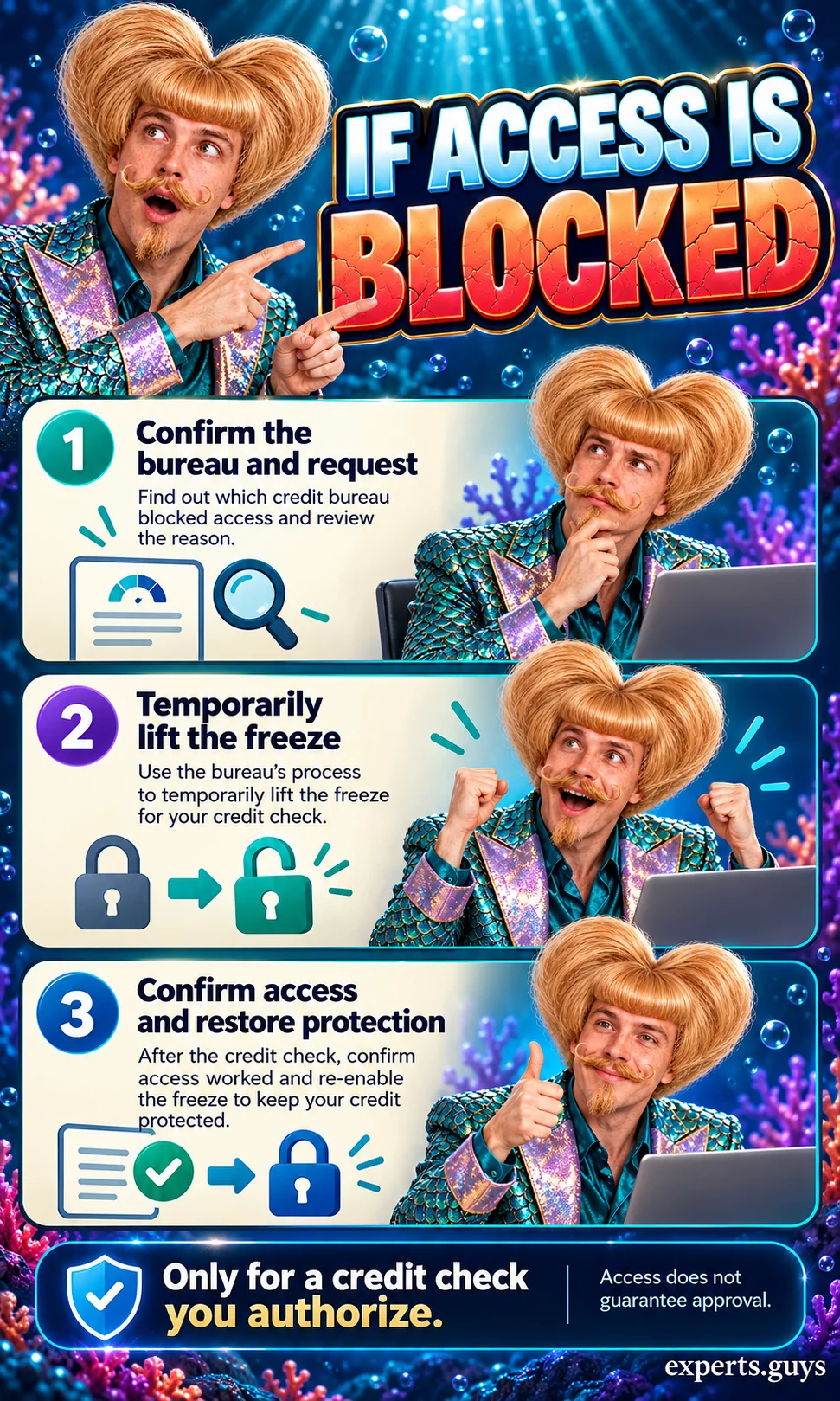 Three panels show confirming the bureau, temporarily lifting a freeze for an authorized check, and restoring protection.