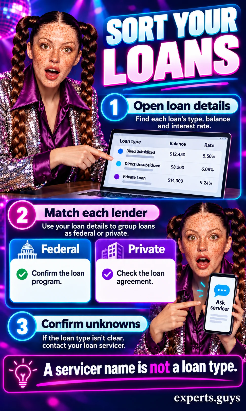 A borrower uses digital loan details to sort federal, private, and unconfirmed student loans.