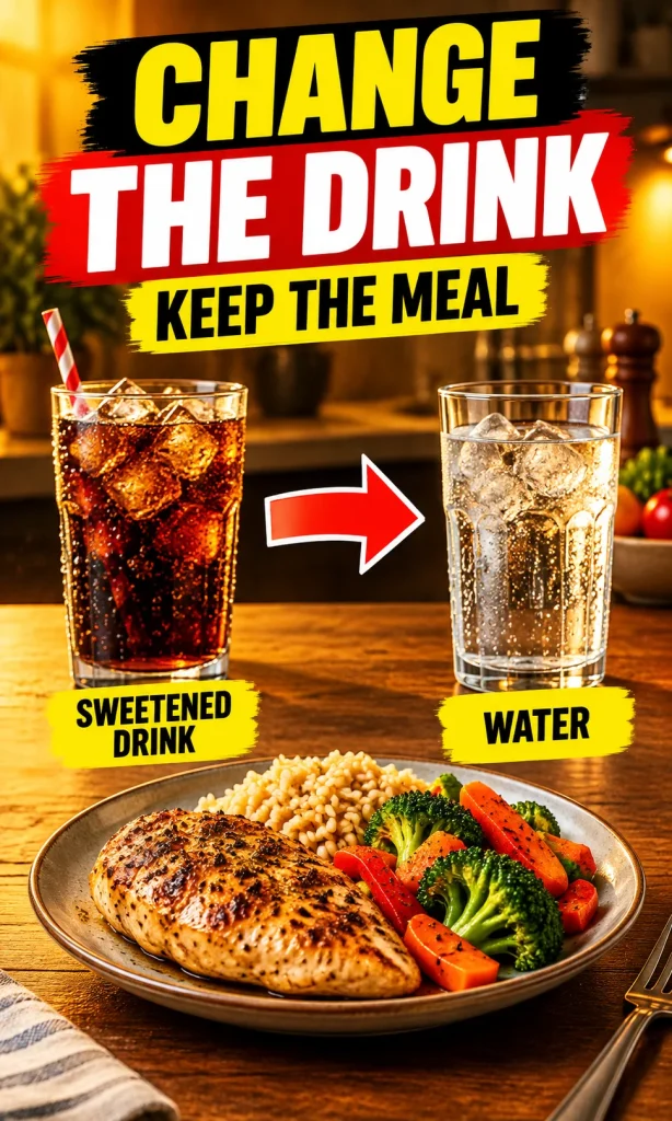 Sweetened drink and water shown with a balanced meal kept in place.