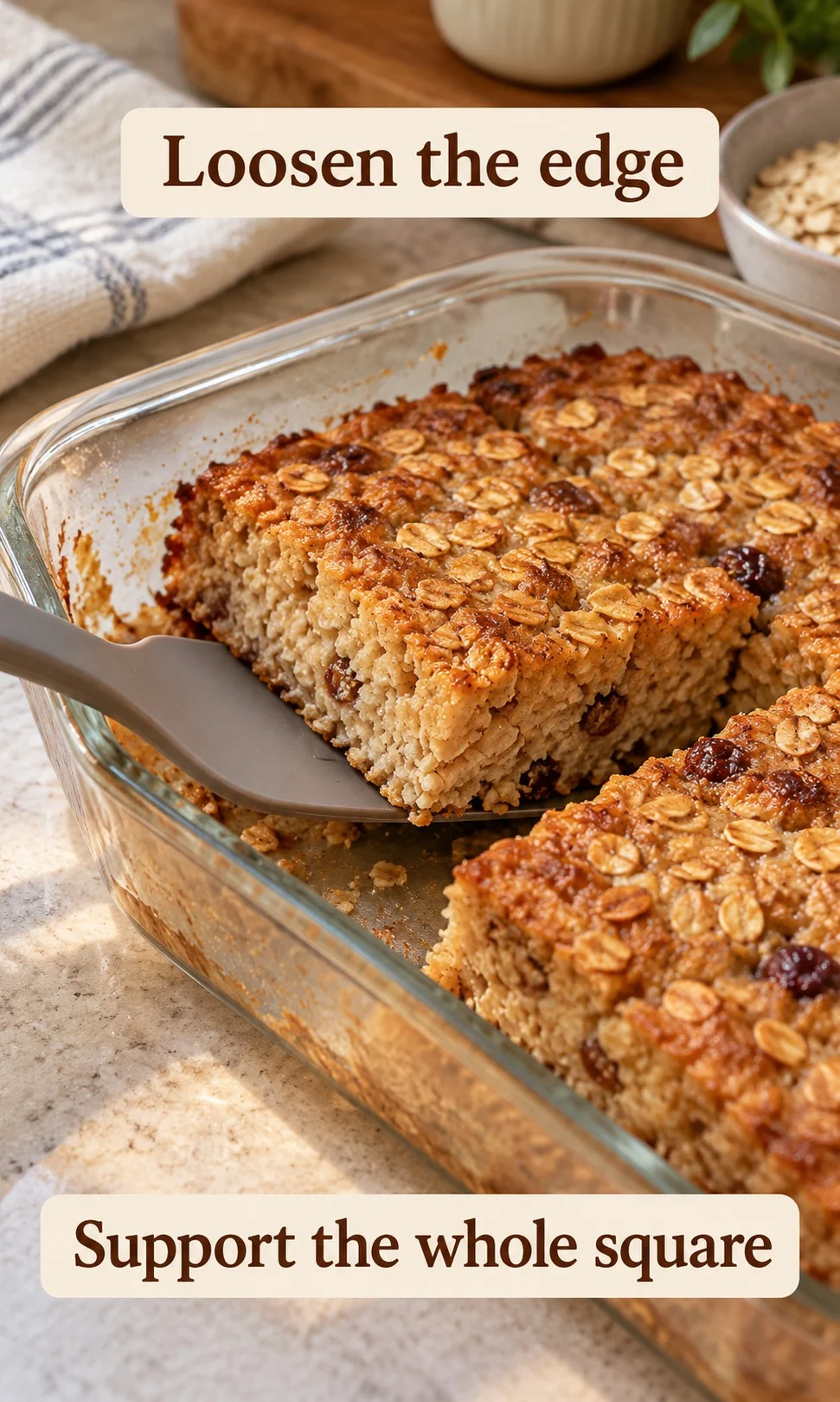 A silicone spatula supports a set oatmeal square inside a glass dish.