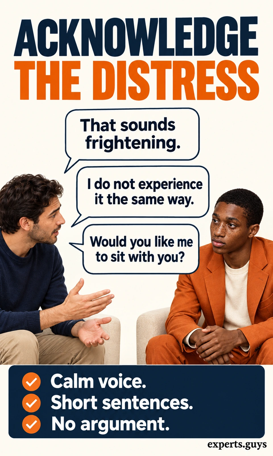 A friend uses three short supportive phrases while allowing a seated man comfortable personal space.