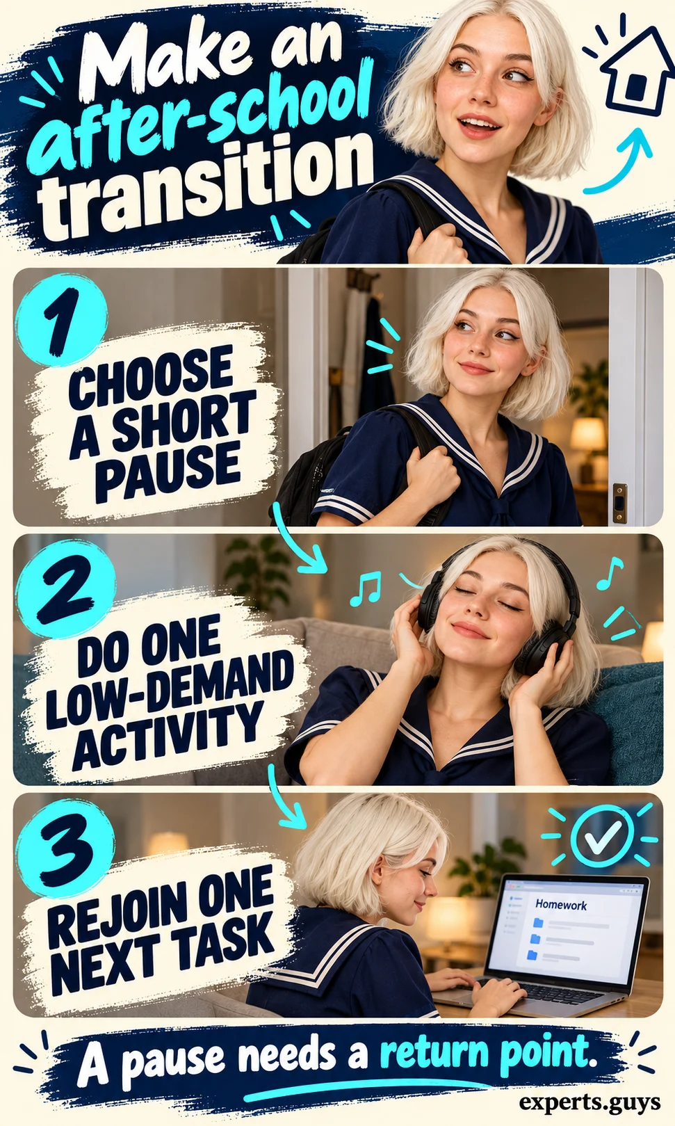 After-school sequence shows a short pause, music and a return to homework.