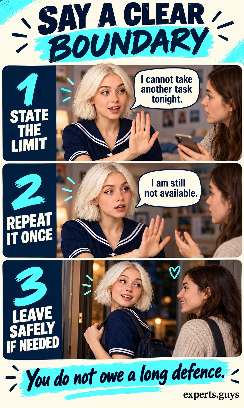 Woman states a boundary, repeats it and ends the exchange safely.