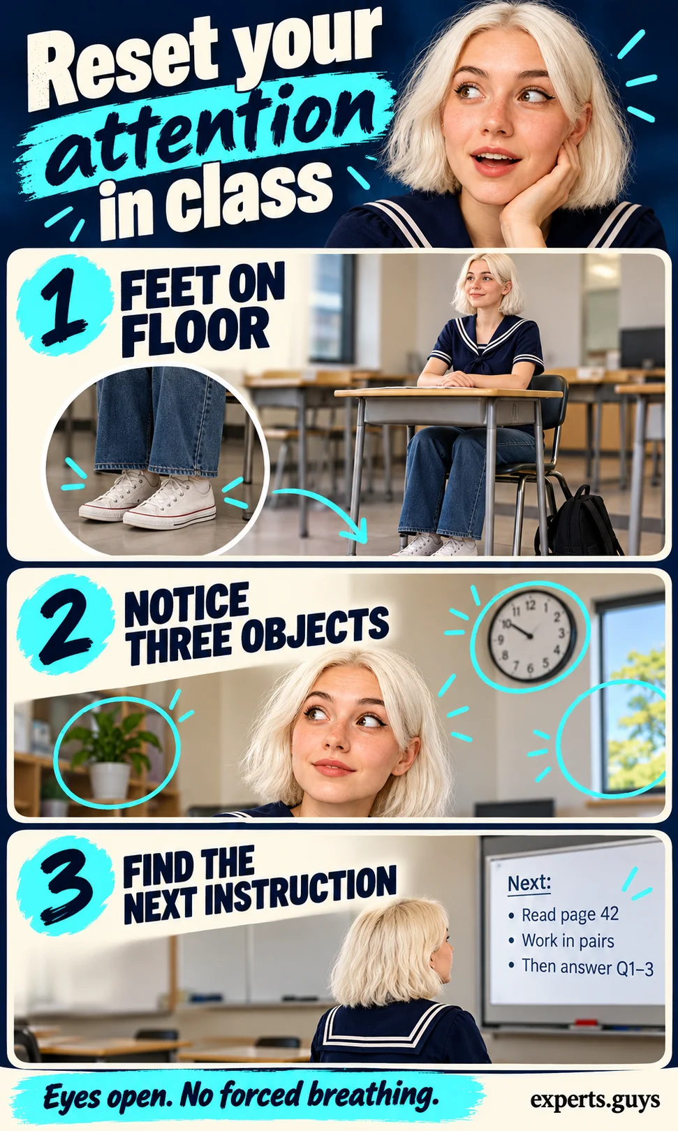 Woman in a sailor blouse notices classroom objects and returns attention to the board.