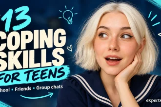 Woman in navy sailor-style fashion beside the headline 13 coping skills for teens.