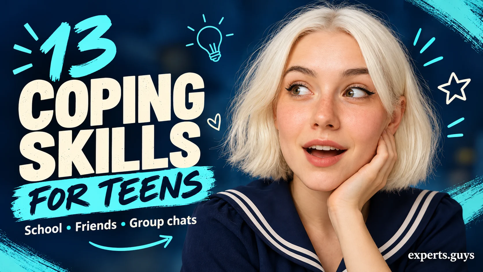 Woman in navy sailor-style fashion beside the headline 13 coping skills for teens.
