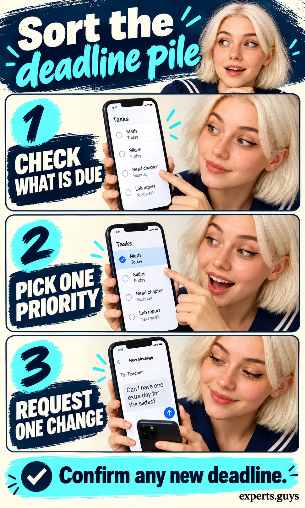 School deadlines on a phone are sorted before an extension request is sent.