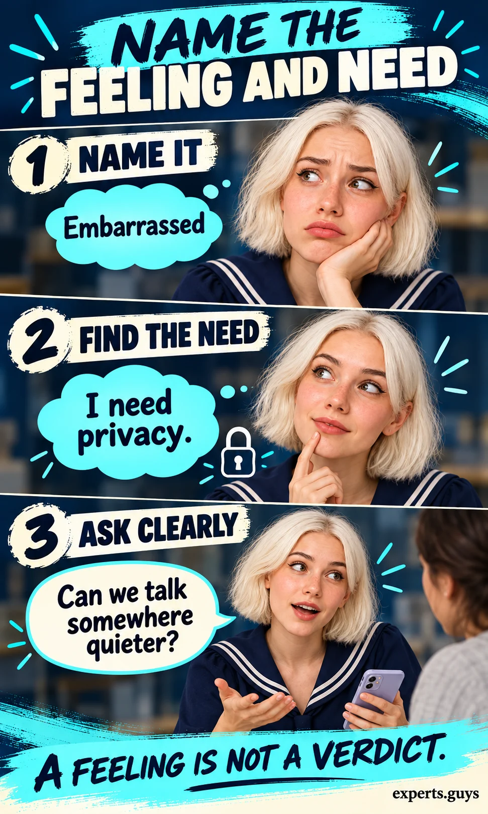 Woman connects feeling embarrassed with a need for privacy and asks to talk elsewhere.