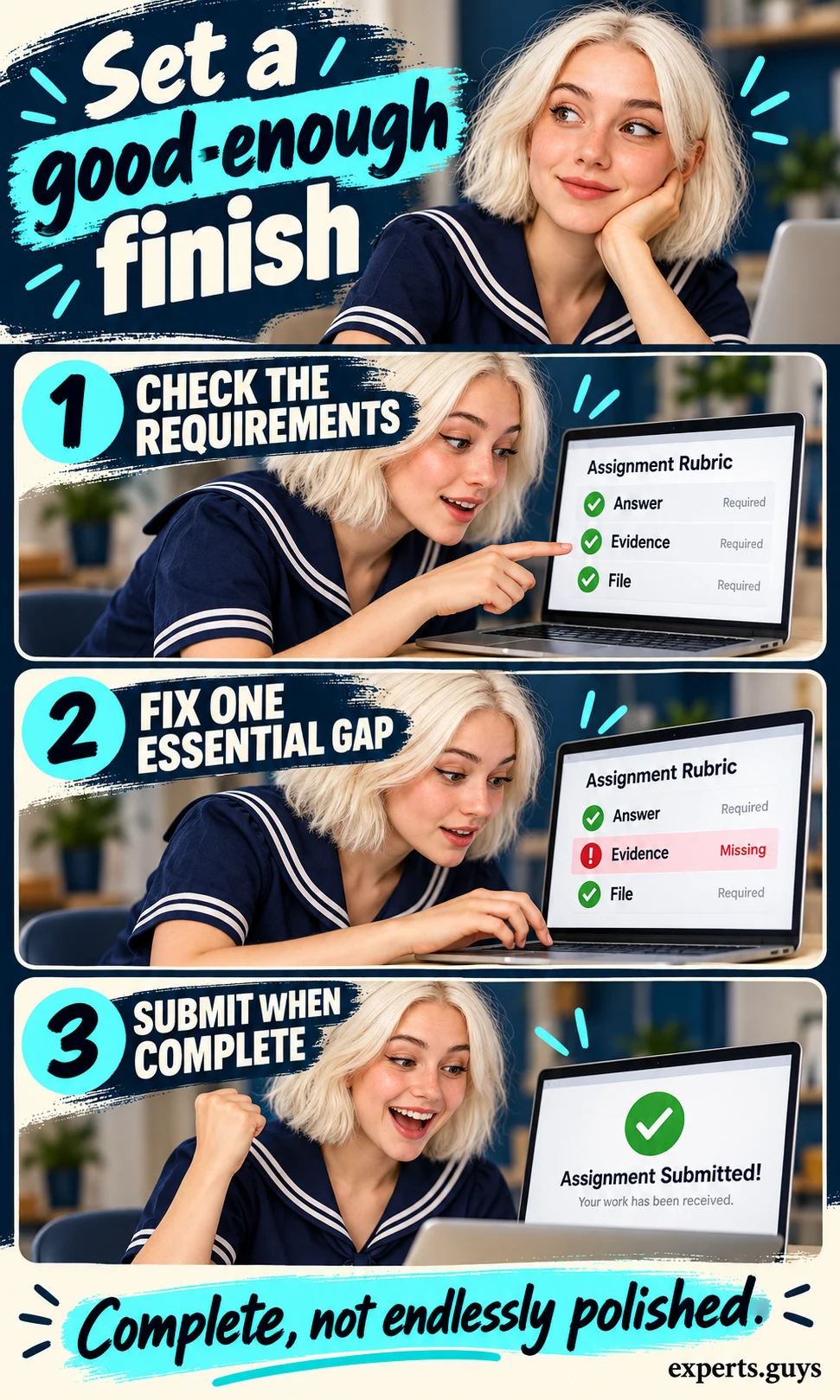 Assignment requirements, a missing evidence item and a completed submission.