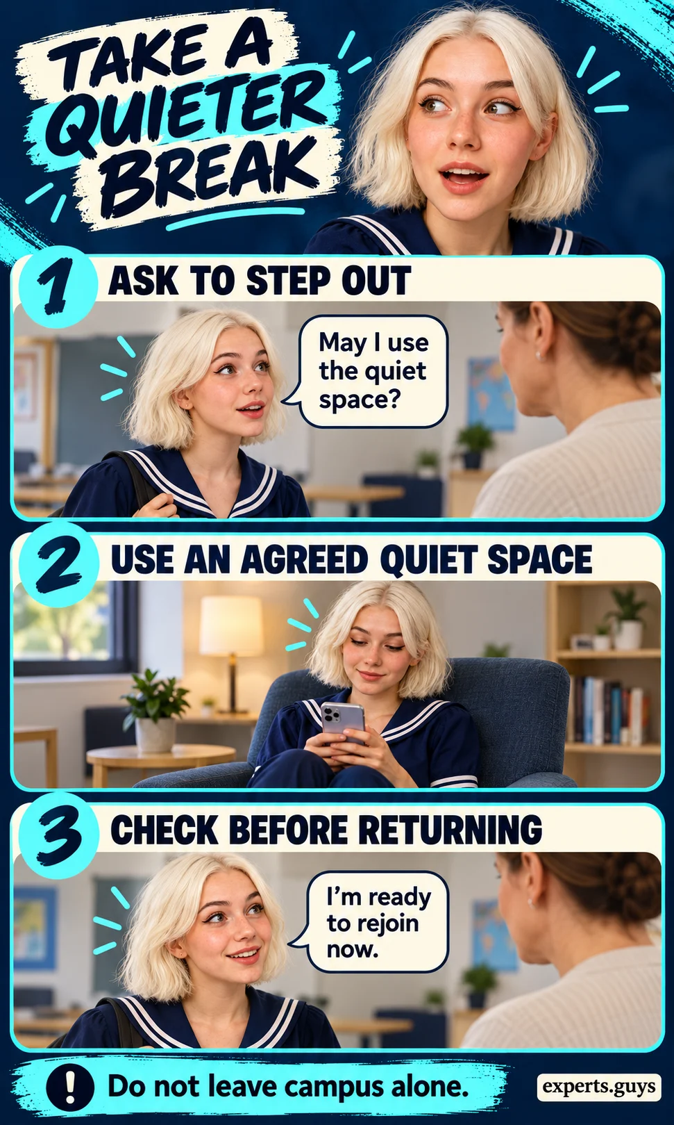 Student asks for a quieter space and checks in before rejoining.