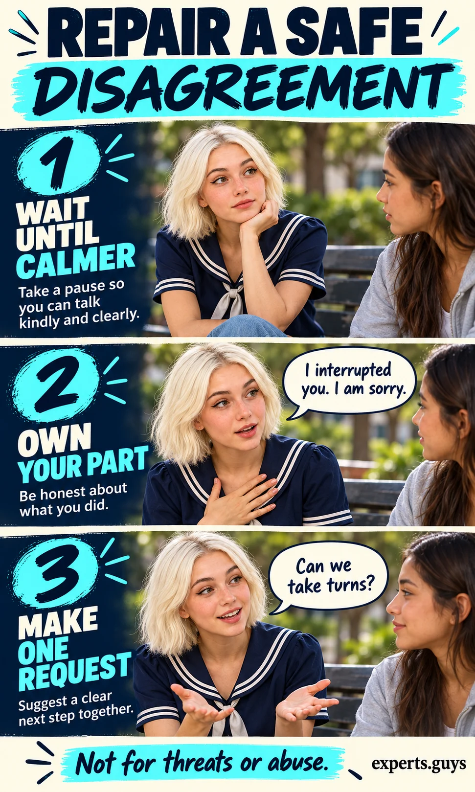 Two people wait until calmer, acknowledge an interruption and agree to take turns.
