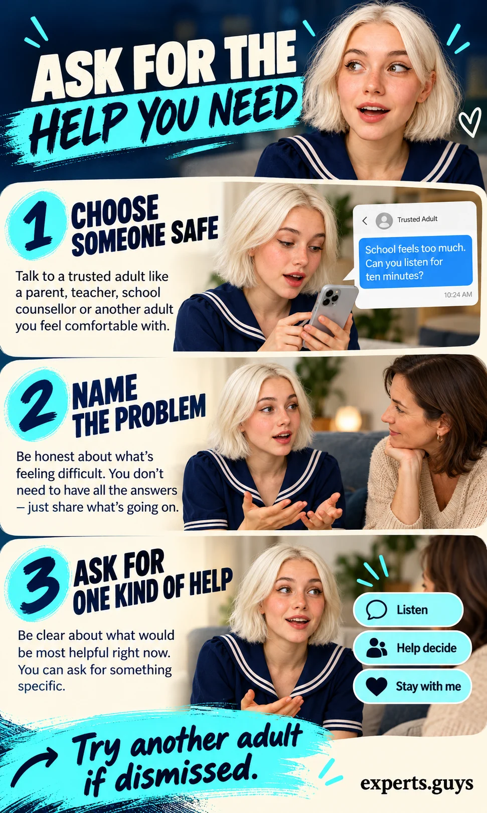 Message to a trusted adult followed by choices of listening, help deciding or company.