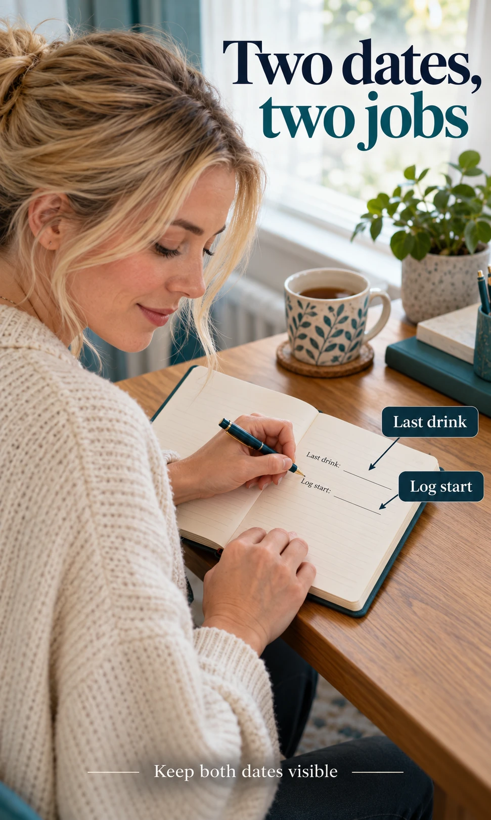 A blond woman writes separate last-drink and log-start fields in a notebook.