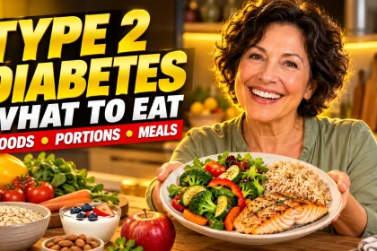 Woman presenting a plate of vegetables, grilled fish and brown rice beside oats, fruit and yogurt.