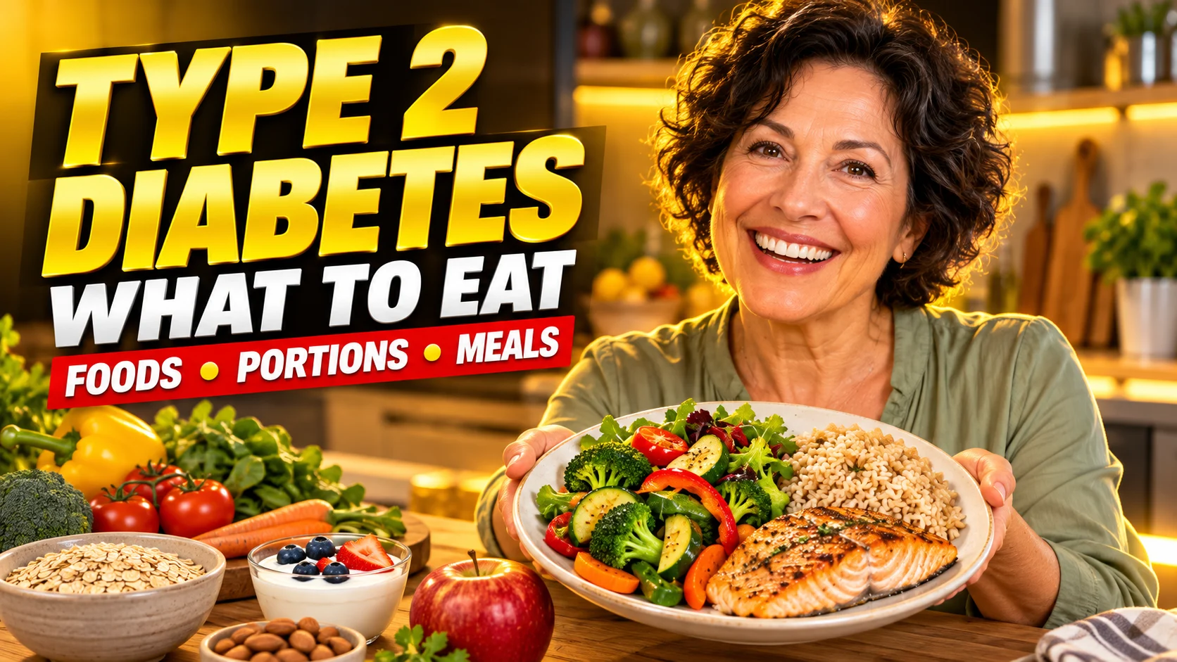 Woman presenting a plate of vegetables, grilled fish and brown rice beside oats, fruit and yogurt.