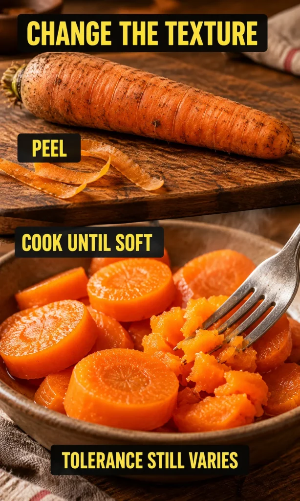 Raw unpeeled carrots compared with peeled carrots cooked until fork-tender.
