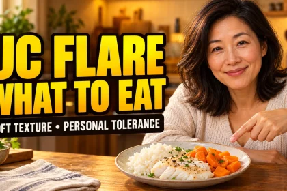Woman pointing to a plate of white rice, fish and cooked carrots beside a UC flare food headline.